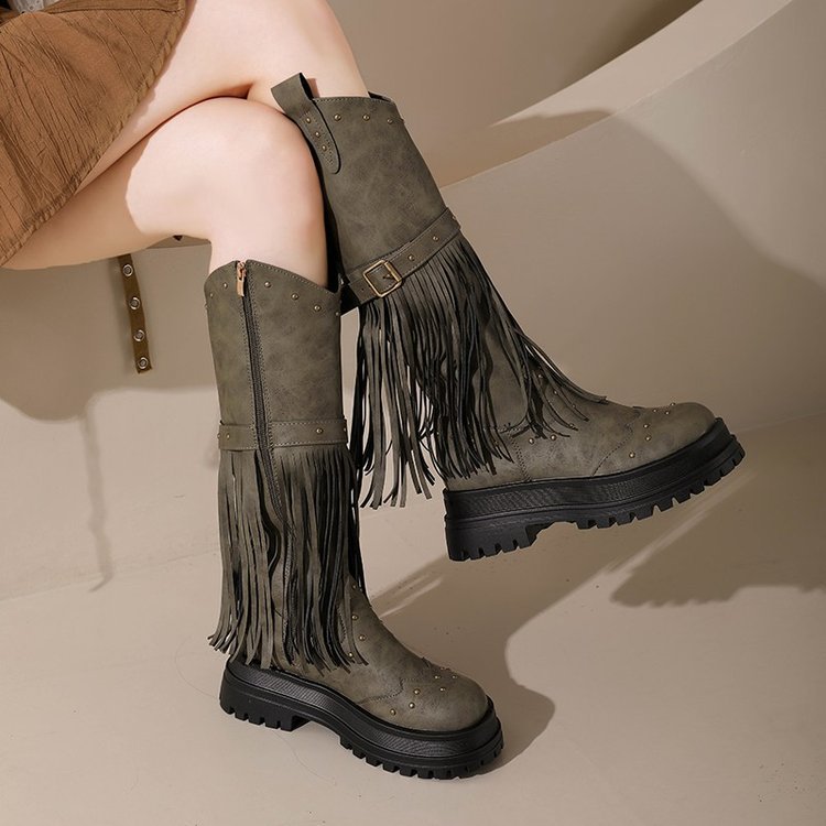 Plus Size Riding Boots with Fringe & Buckle  Mid-Calf Shoes for Women 14