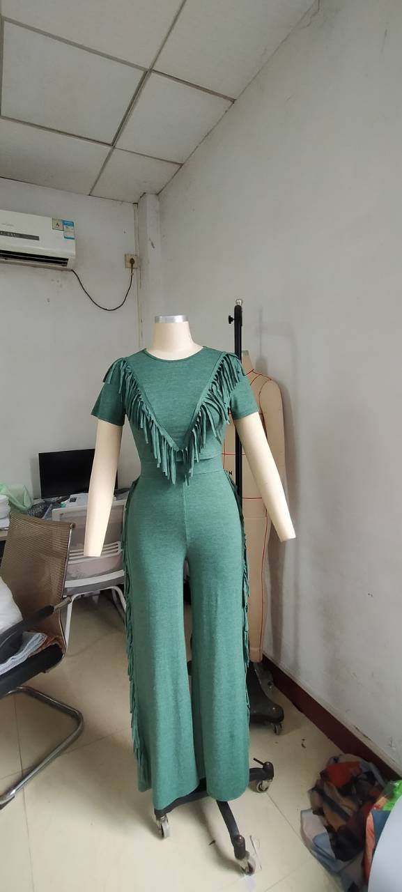 Solid Color Casual Short Sleeve Tassel Wide Leg Two-Piece Pants Set 14