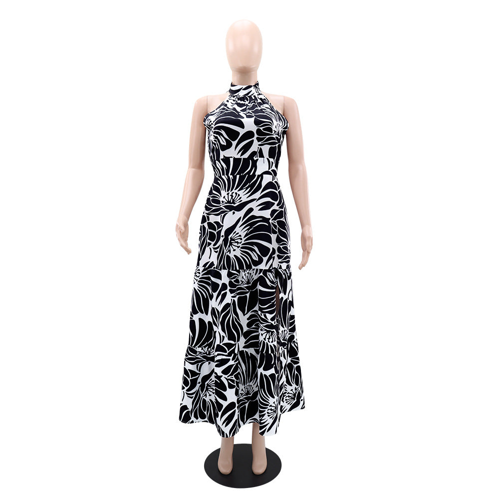 Women Sleeveless Chic Print Fashion Slit A-Line Long Dress 7