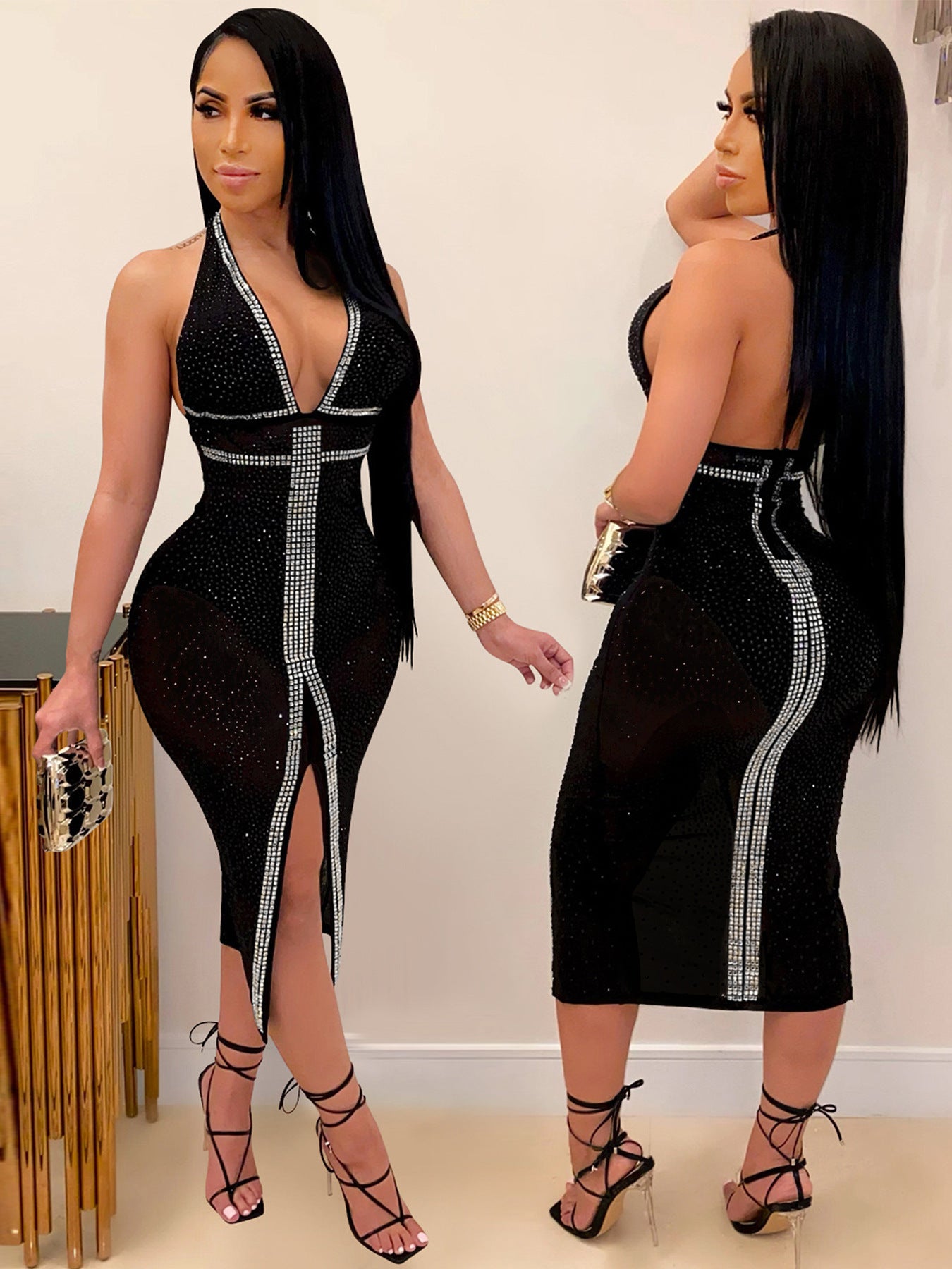 Women Sexy V-Neck Lace-Up Backless Beaded Dress 3