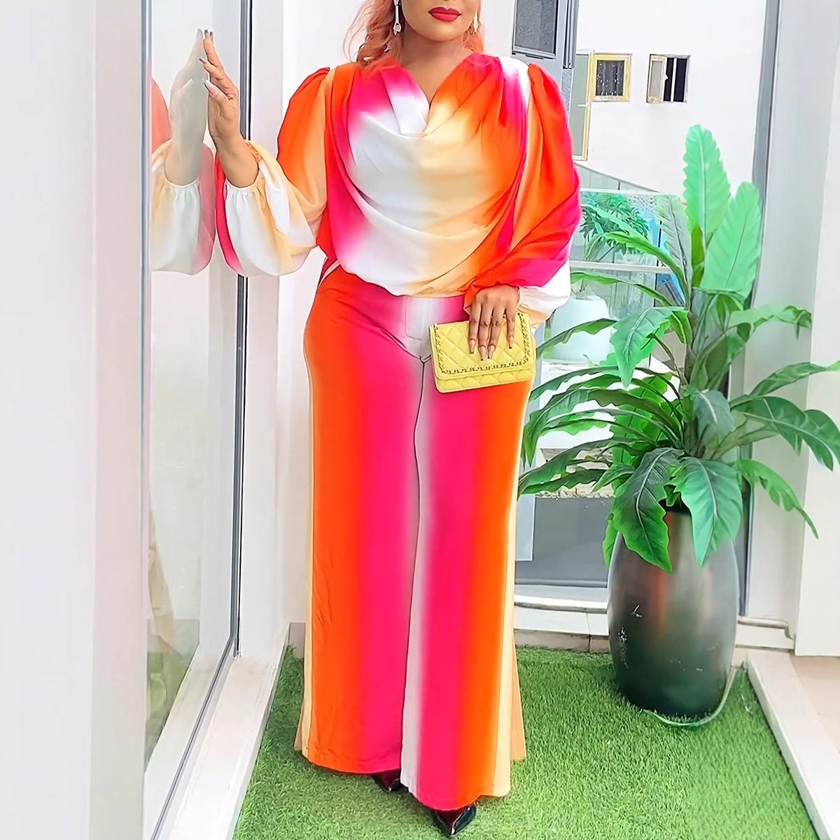 Women lantern sleeves Print swing collar top and wide-leg pants Two Piece Set 3