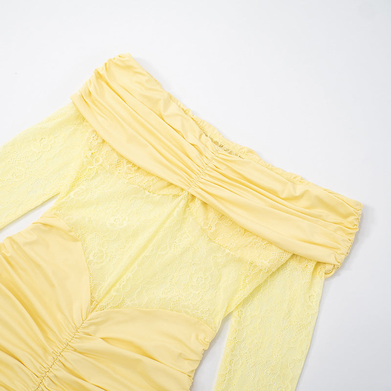 Women's Chic Lace Patchwork Off-Shoulder Slit Long Sleeve Ruffle Maxi Dress 14