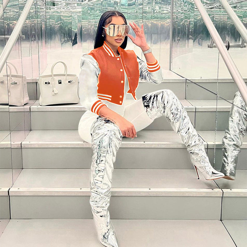 Women Summer Patchwork Pu Leather Long Sleeve Button Down Letter Embroidered Jacket 3