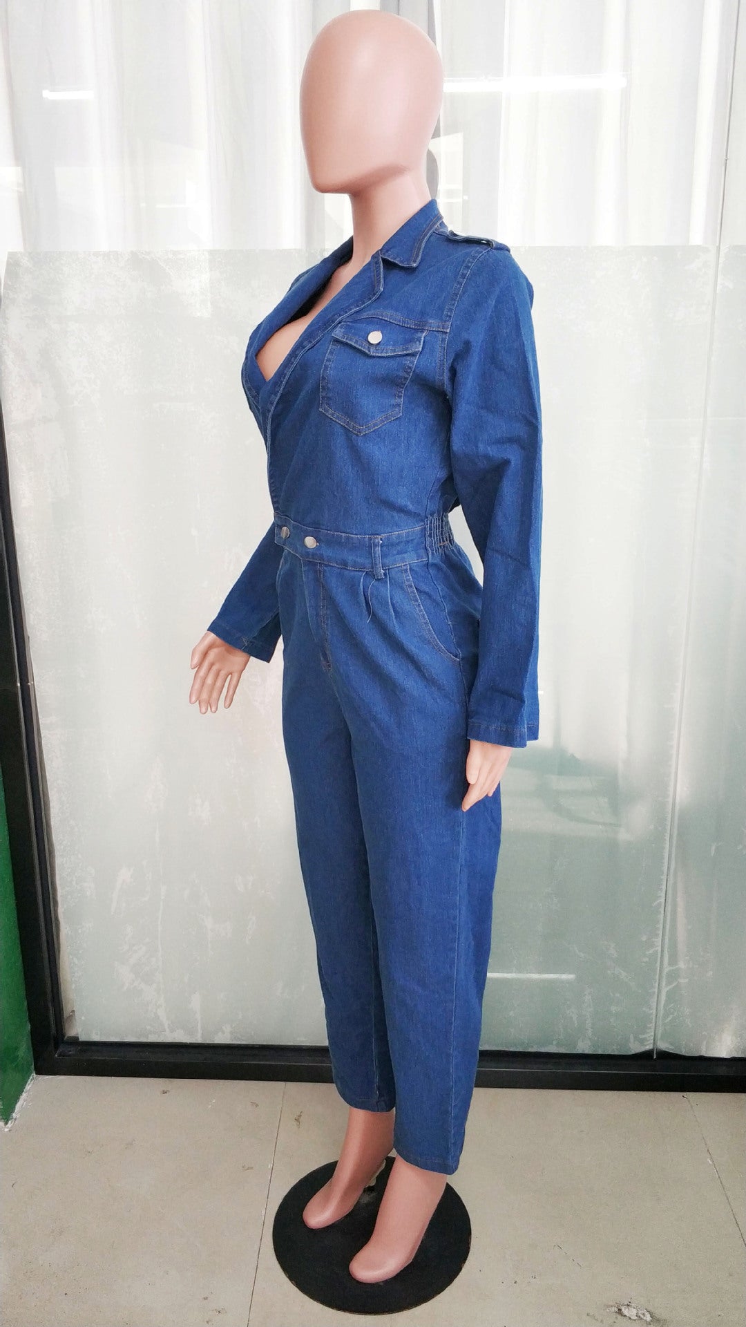 Women Turndown Collar Denim Jumpsuit 9