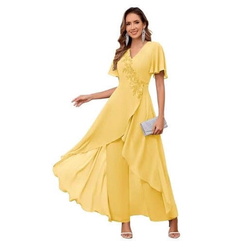 V-Neck Mother's Dress Solid Color Pants Two-Piece Set 19