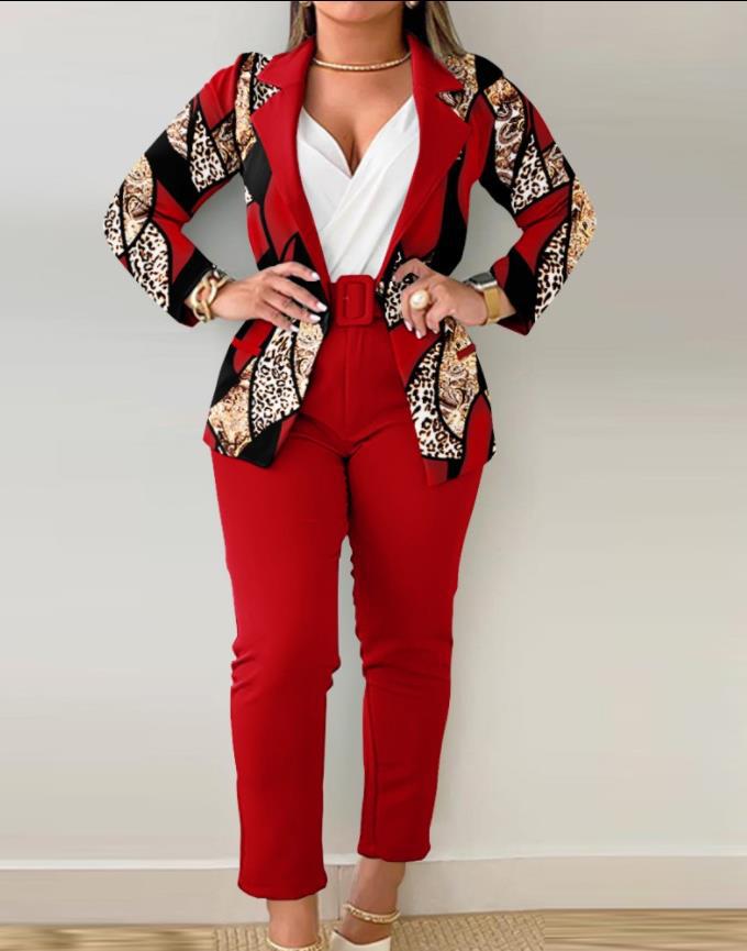 Women Printed Casual Blazer and Pant Two-Piece Set with Belt 8