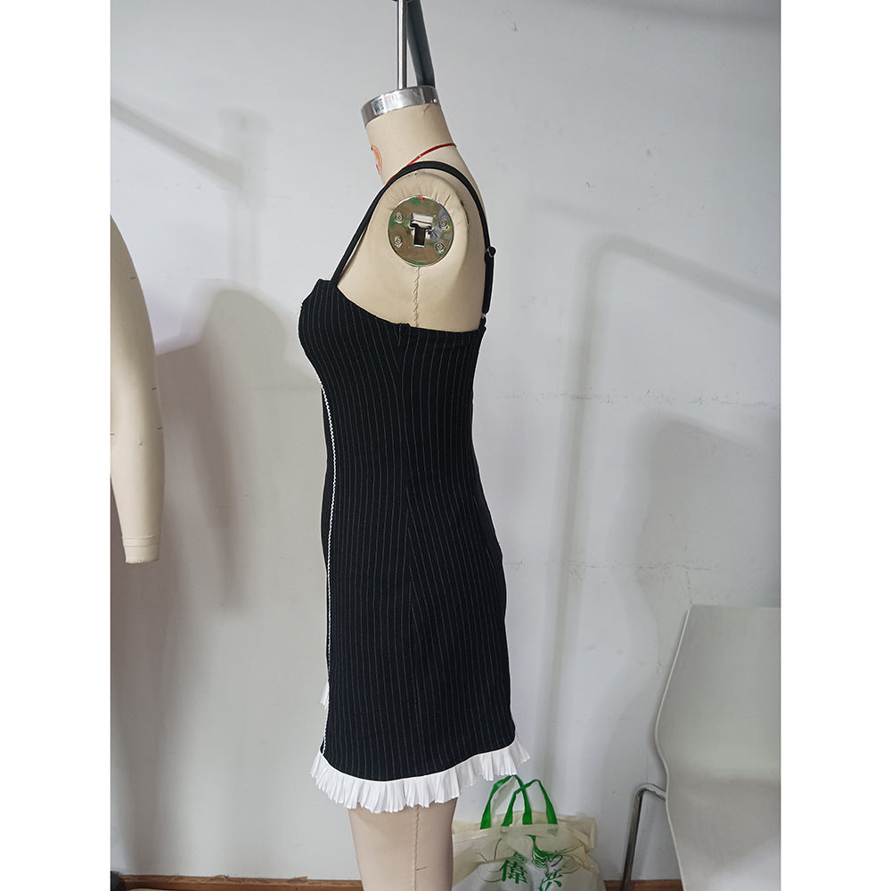 Women Sexy Backless Striped Lace Patchwork Strap Dress 9