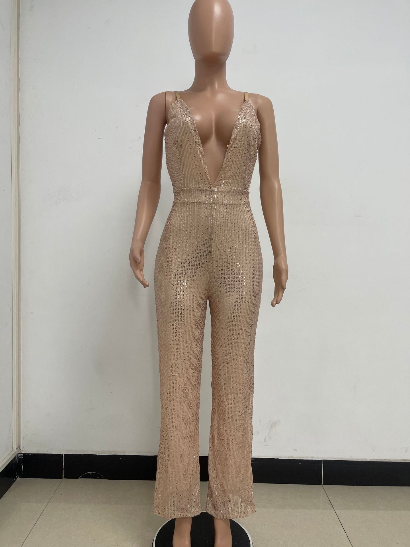 Deep V Neck Low Back Sleeveless Chic Sequined Straps Elegant Women's Party Jumpsuit 44