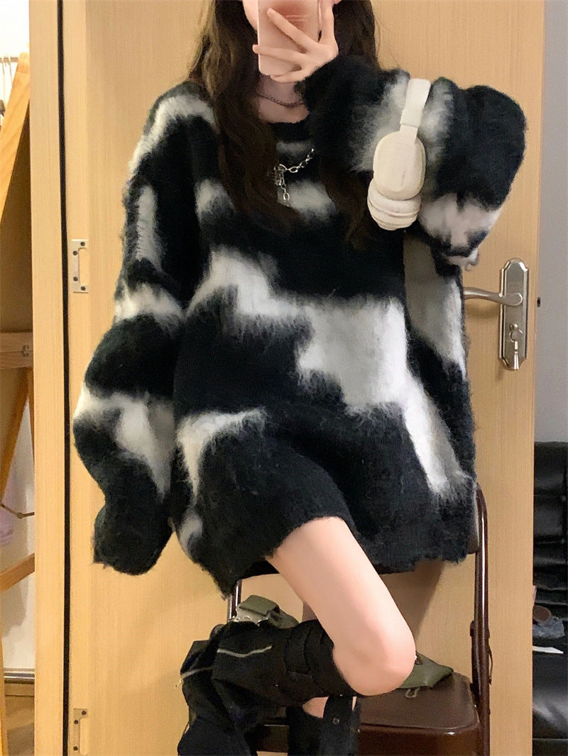 Autumn And Winter Casual Street Retro Contrasting Sweater Women's Lazy Style Knitting Shirt 7