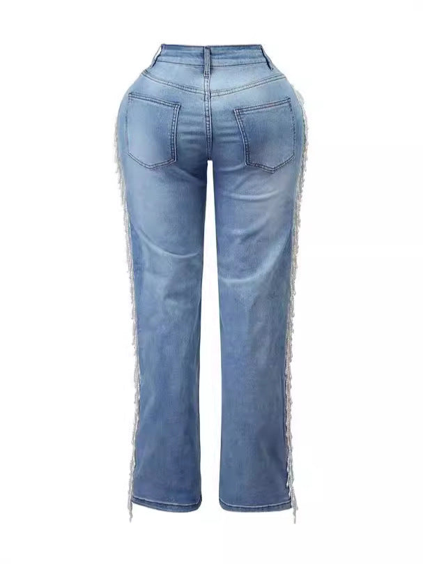 Straight-Leg Denim Pants Autumn High Waist Fashionable Retro Tassel Jeans 5