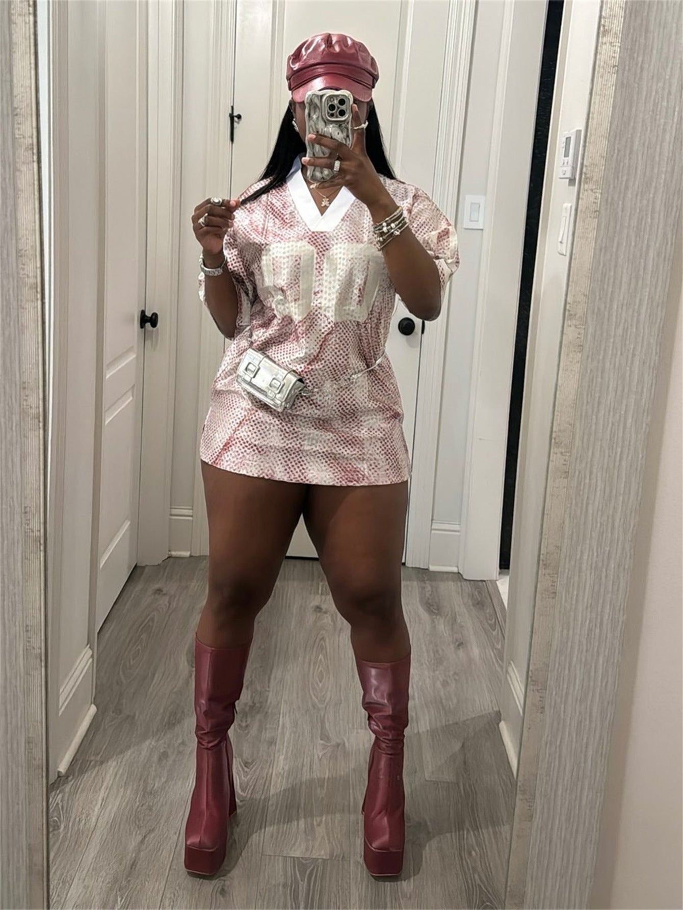 Autumn V-Neck Print Sports Jersey Loose Casual Short Dress 9