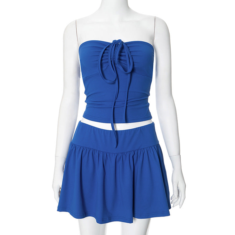 Women's Summer Strapless Low Back Ruffled Casual Two Piece Skirt Set 18