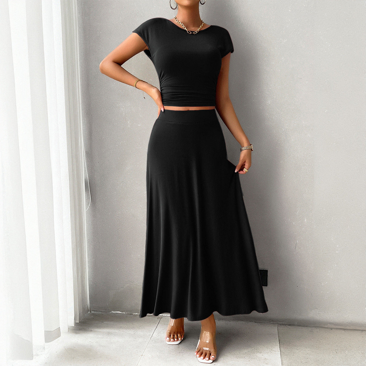 Spring Summer Short-Sleeved Women's Chic Solid Color Two Piece Skirt Set 8