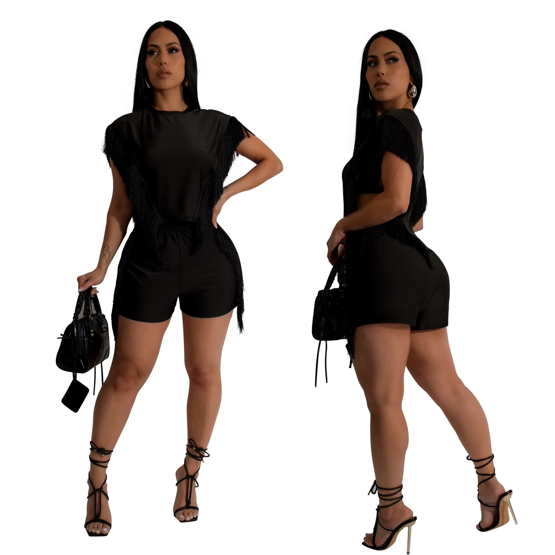 Fashionable Casual Solid Color Tassel Feminine Round Neck Top And Shorts Two-Piece Set 5