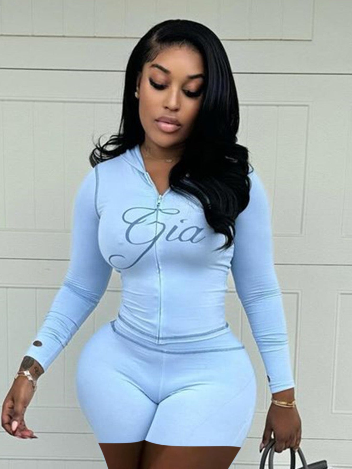 Fashion retro print slim elastic hooded sports style long sleeve top shorts women Two Piece Set 5