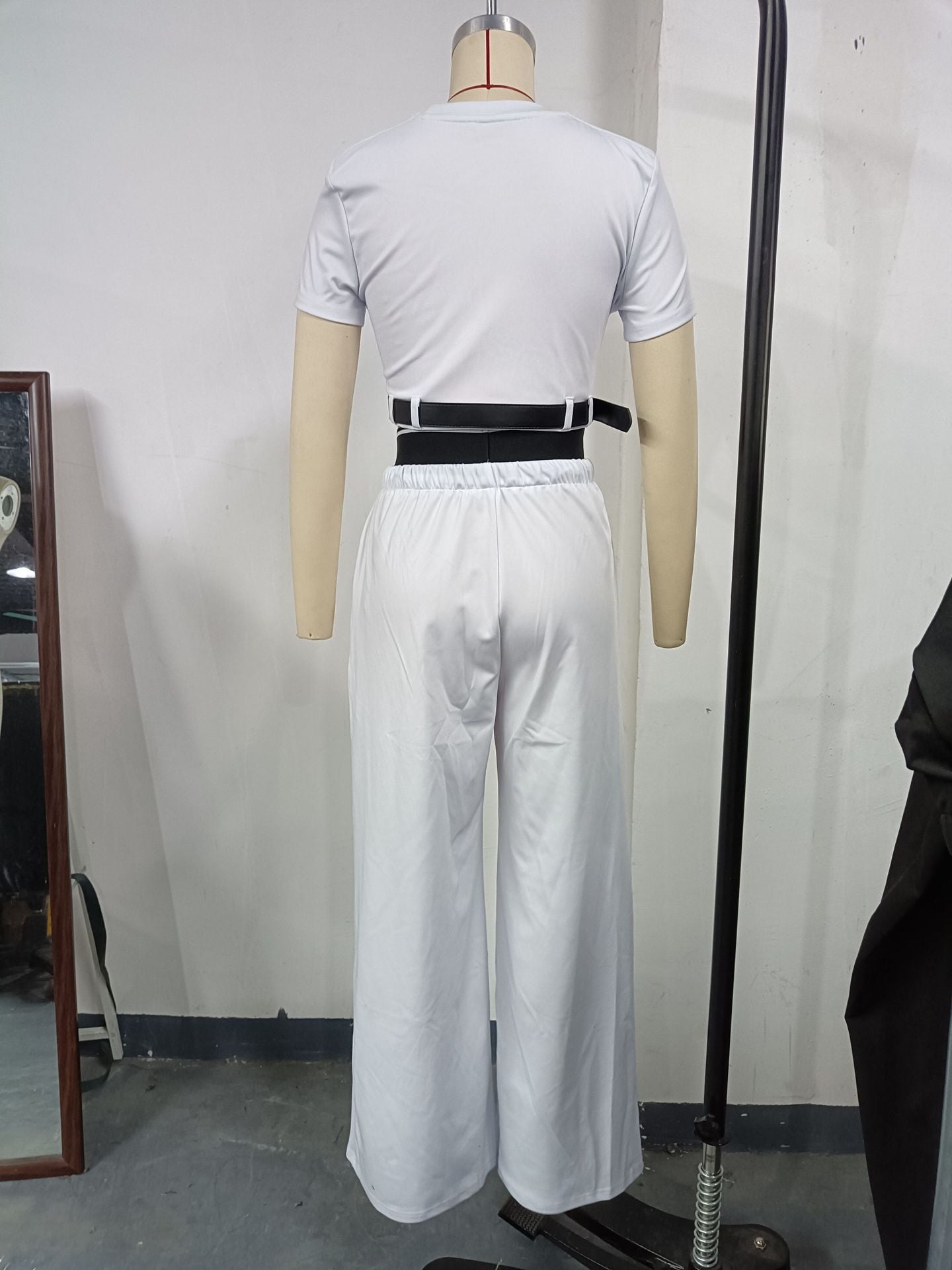 Fashion Short-Sleeved Women's Spring Crop Belt Decorative Top Wide Waist Sweatpants Two-Piece Set 9