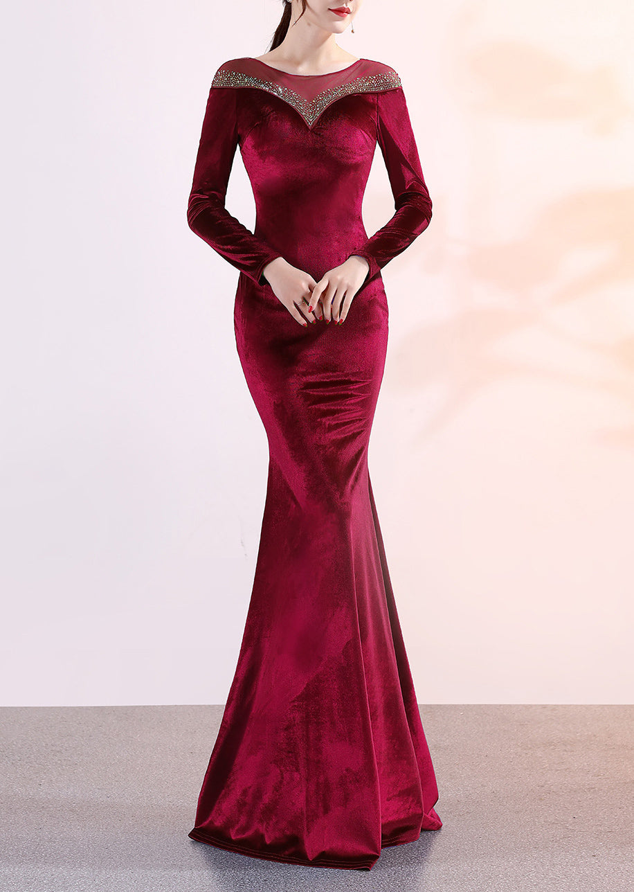 velvet Formal Party Evening Dress Winter Long Sleeve Corporate Annual Meeting Long Fishtail Party Dress 4