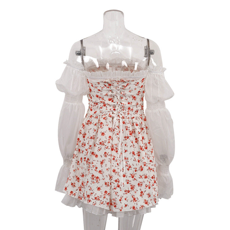 Mesh Patchwork Print Long Sleeve Off Shoulder Lace Sexy A-Line Dress 8