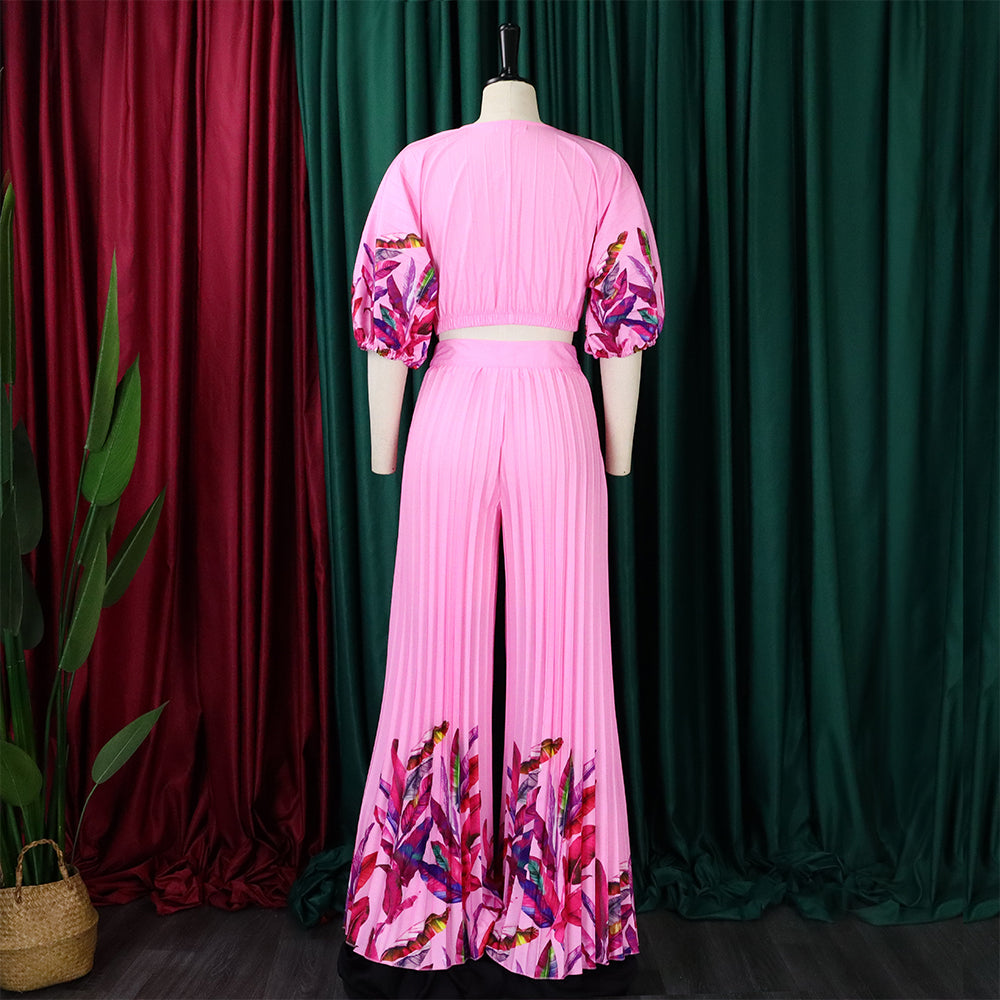 Women's Summer fashion v-neck printed top wide-leg pants two-piece suit 16