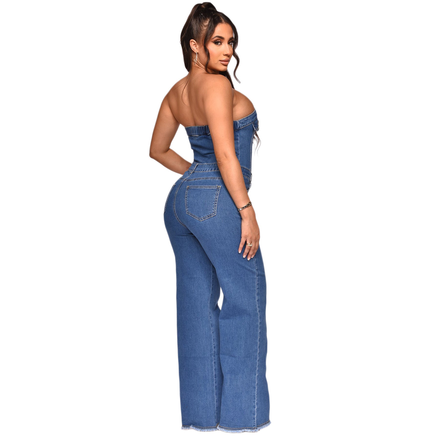 Women's Strapless Slim Fit Micro Bell Bottom Denim Jumpsuit 6