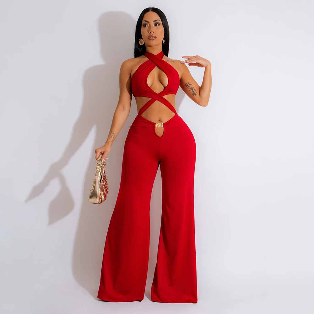 Women's Nightclub Sexy Cutout Halter Neck Wide Leg Jumpsuit 3