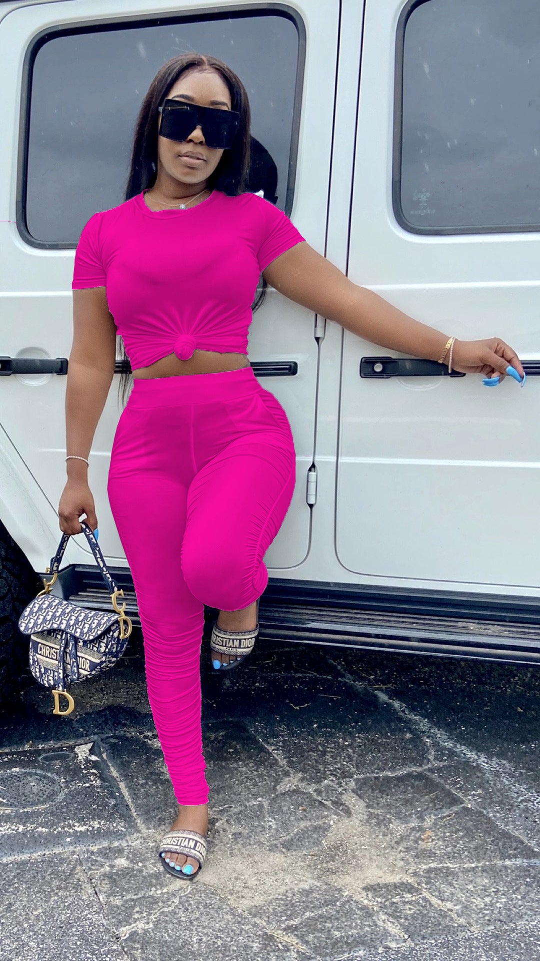 Women Wrinkled Short Sleeve T-Shirt and PantSolid Two-Piece Set 7