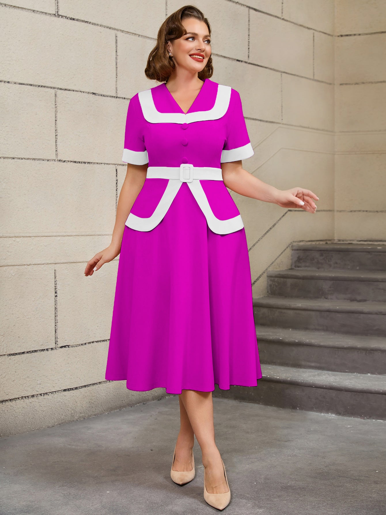 High-Waist Contrast Color A-Line Plus Size Formal Party Cocktail Dress 21