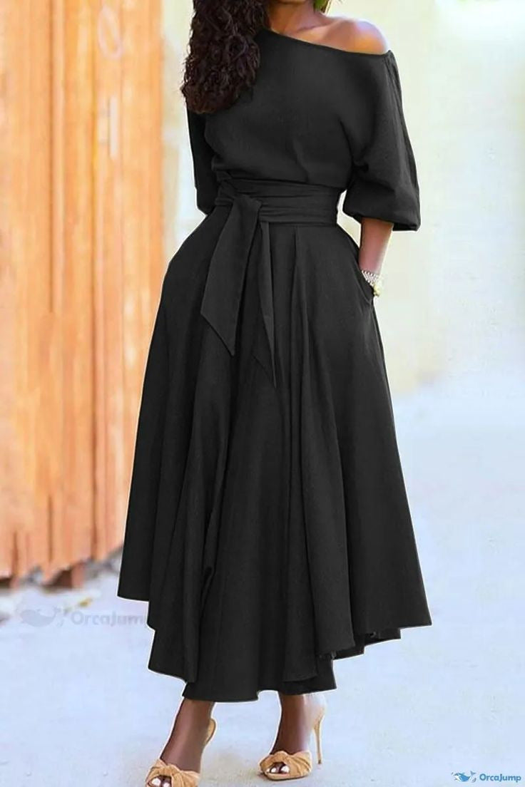 Chic Elegant Solid Color Slash Shoulder Belt Irregular Dress