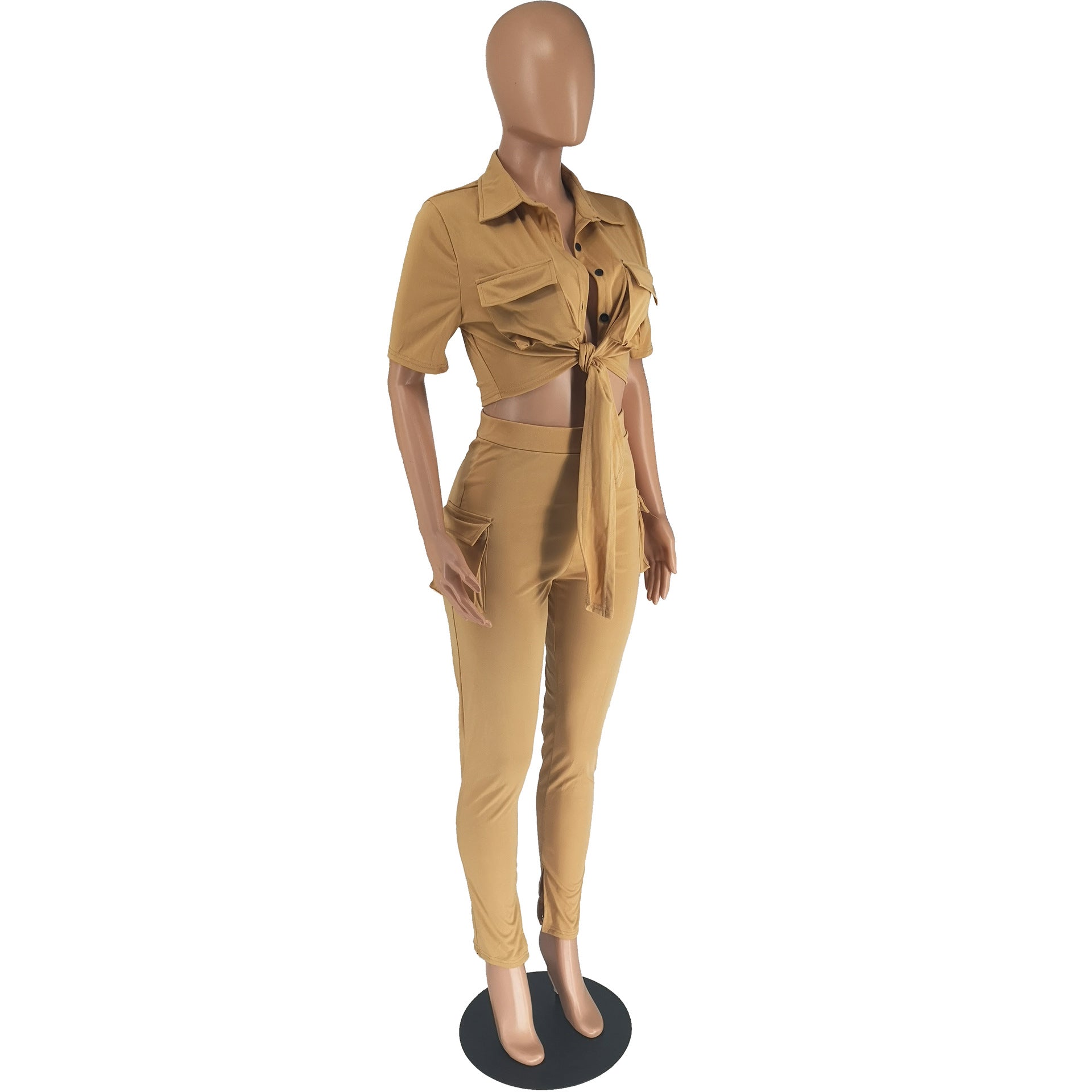 Women's Casual SOLid COLor  Short Sleeve Shirt Slit Trousers Two Piece Set 16