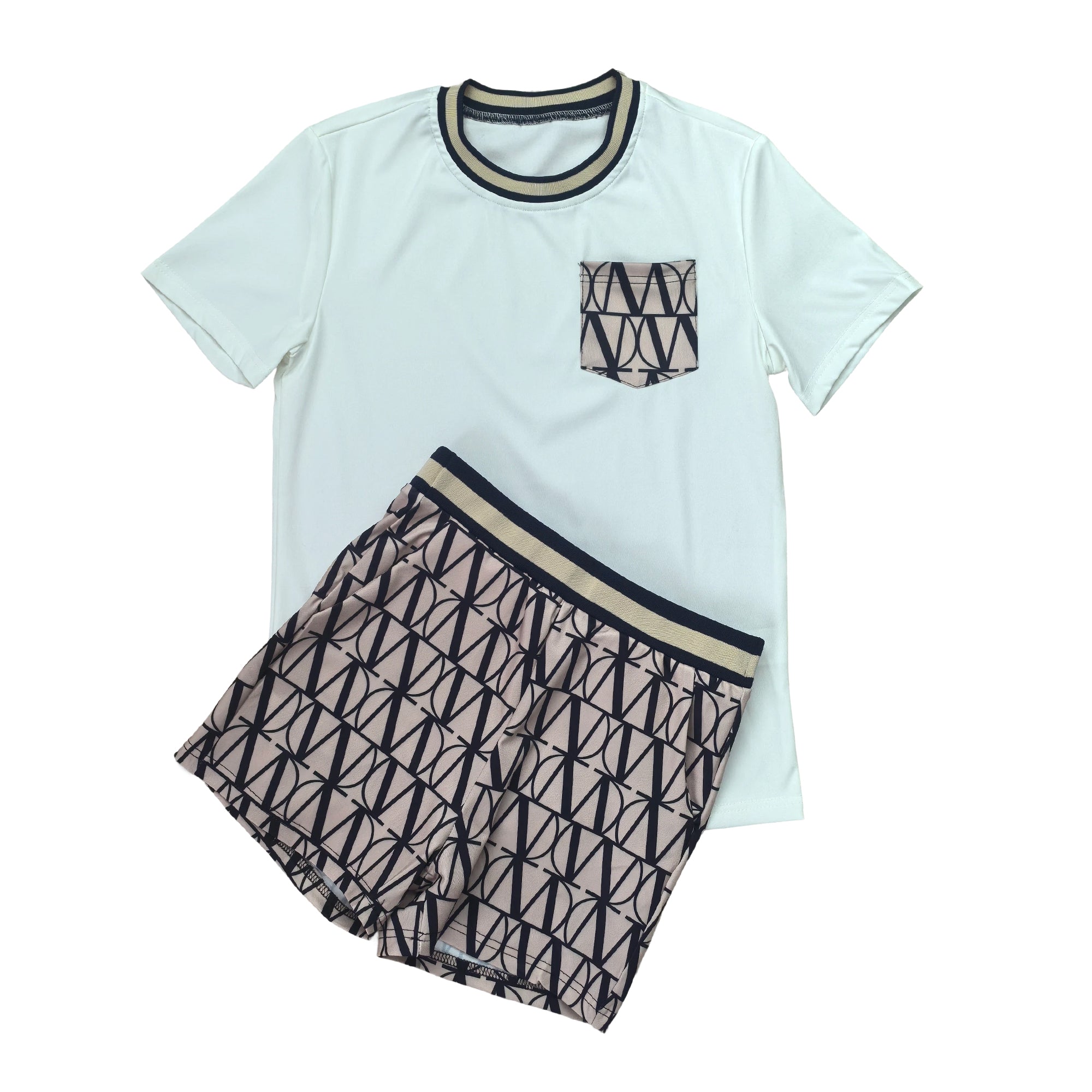 Women summer printed Round Neck pocket short-sleeved top and shorts two-piece set 4