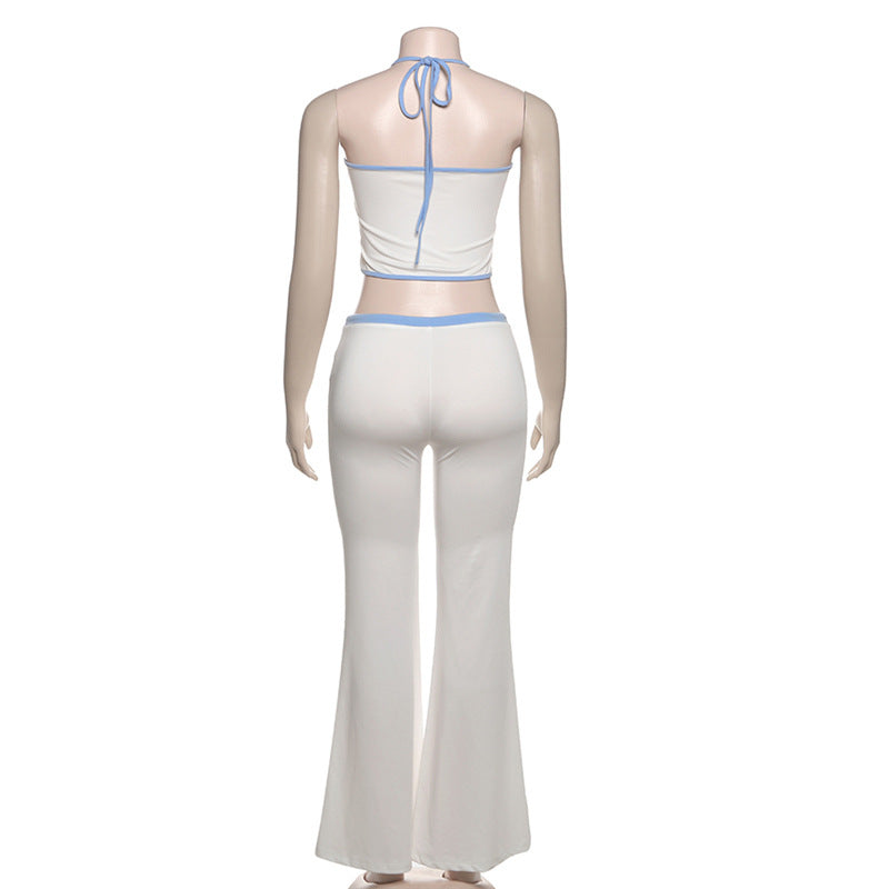 Spring Women Style Beaded Halter Neck Suspender Tank Top Contrast Color Pants Two-Piece Set 6