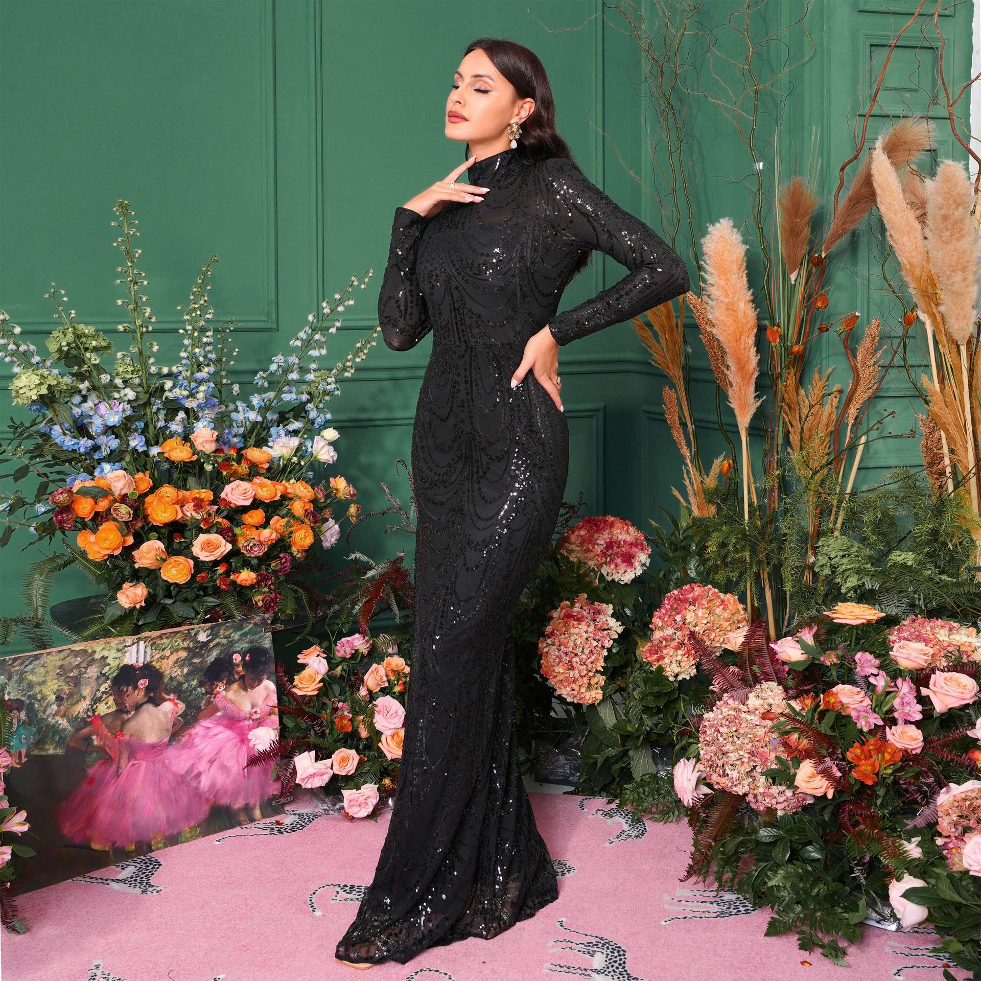 Women Long Sleeve Round Neck Sexy Long Sequin Formal Party Evening Dress Bridesmaid Dress 5