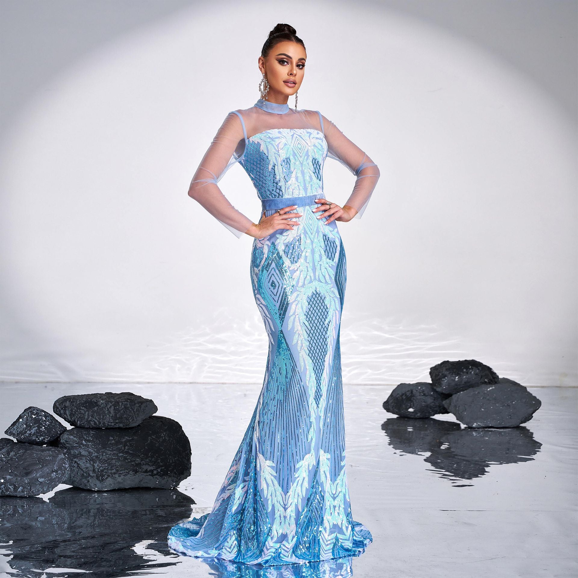 Women Long Sleeve Round Neck Sexy Mesh Sequined Formal Party Maxi Evening Dress 5