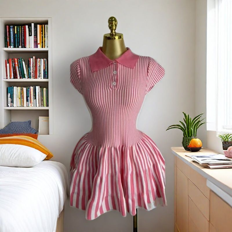 Color-Block Turn-Down Collar Striped A-Line Dress
