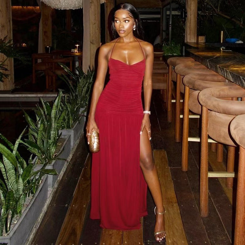 Women Sexy Halter Neck Backless Bodycon Slit Dress 4