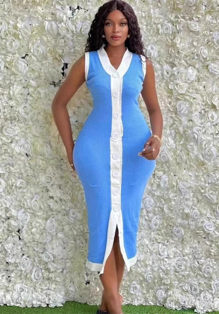 Women contrast Ribbed Single-breasted v-neck sleeveless knitting dress