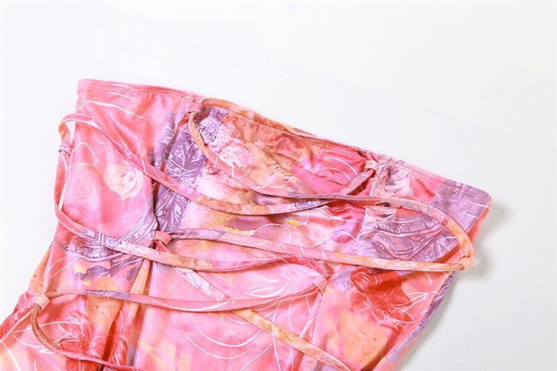 Women Strapless Printed Lace-Up Sexy Backless Dress 13