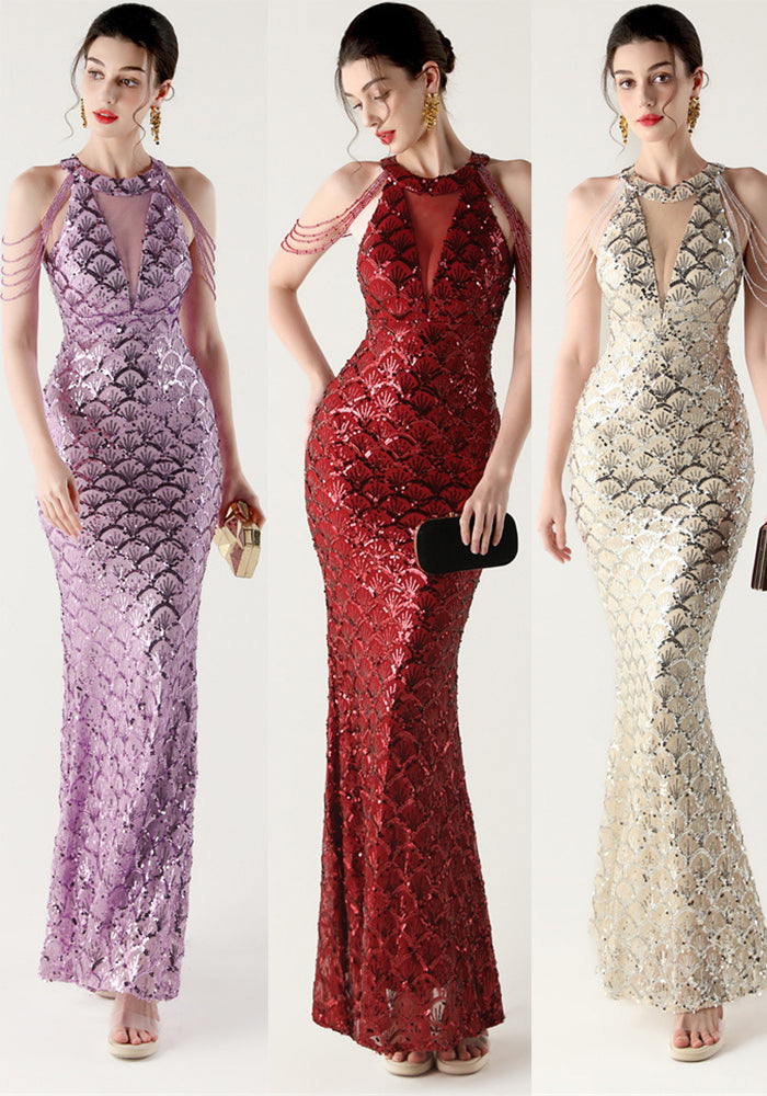 Sequin Fishtail Evening Dress Halter Neck Off-Shoulder Party Gown