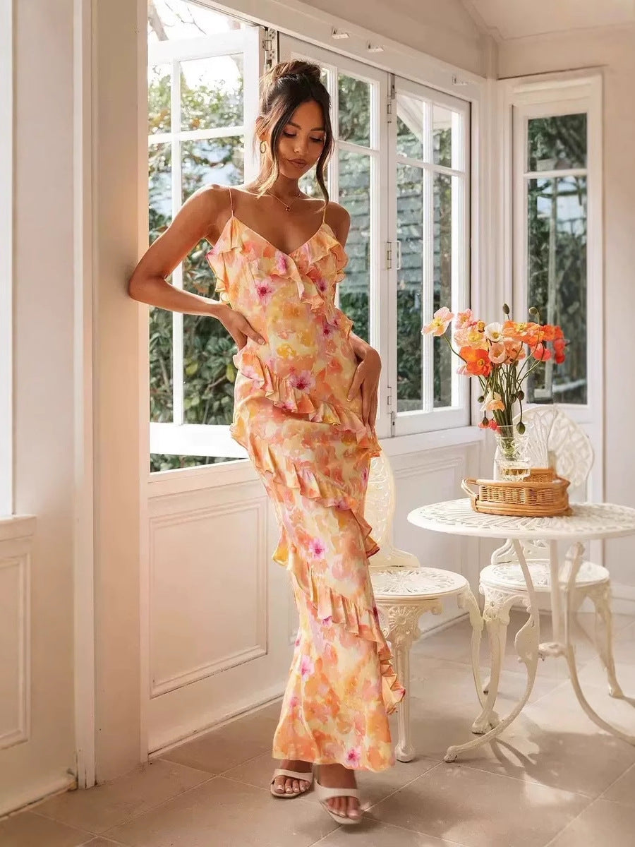 Women Printed Sexy Suspender Backless Lace-up Irregular Dress 8