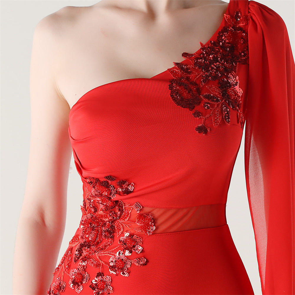 Women Tulle Shawl Beaded Tube Embroidery One Shoulder Evening Dress 23