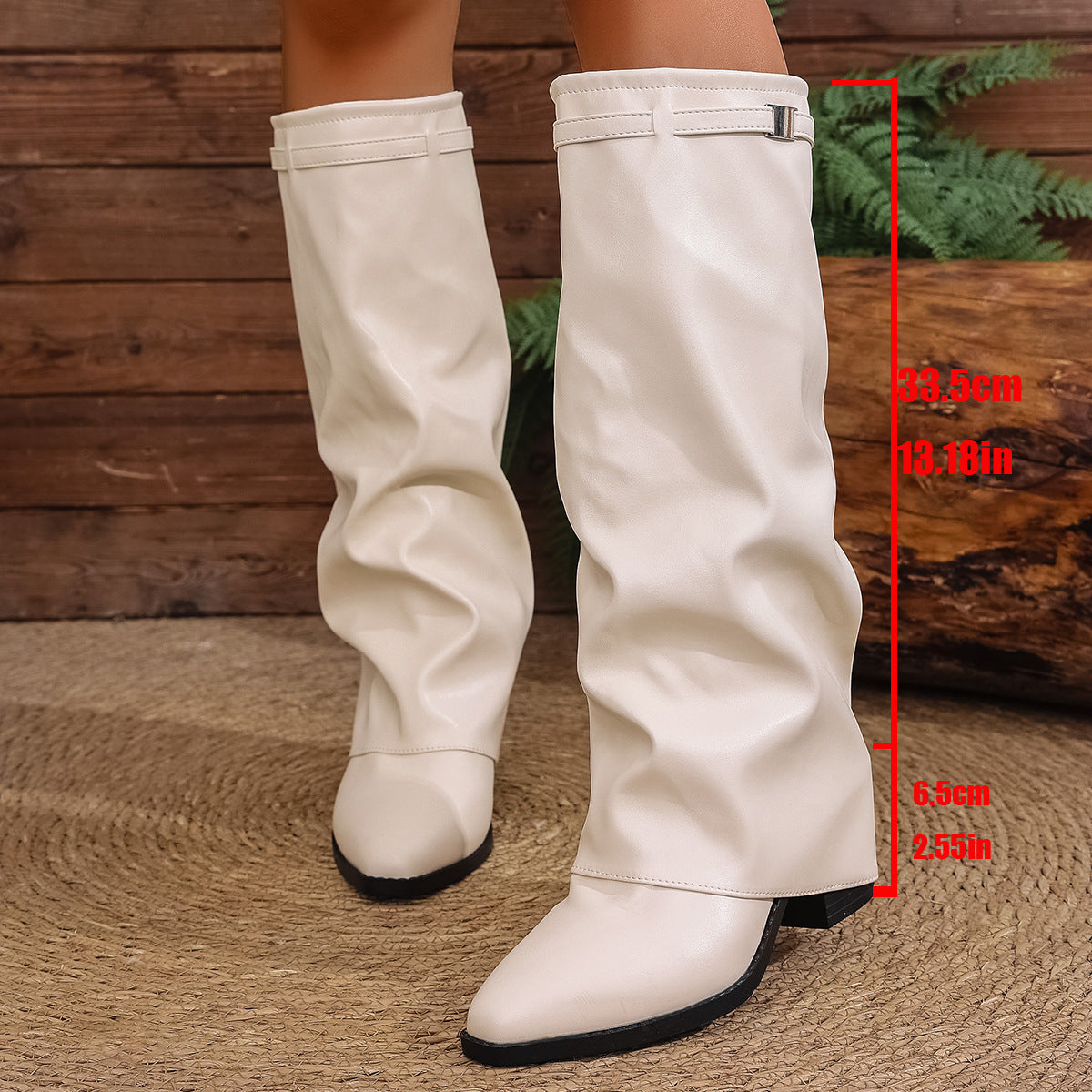 Pleated Heeled Boots Autumn Chunky Heel Knee-High Boots 9