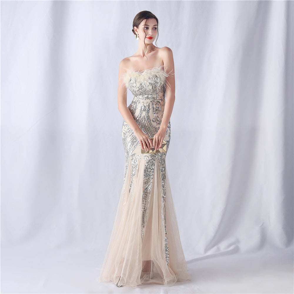 feather sequins mesh patchwork Strapless wedding party dress 5