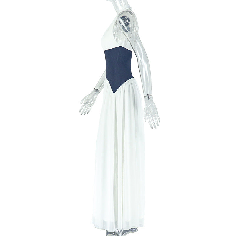 Fashion Black and White Women's Pleated Slim Waist A-line Sexy Deep V-neck Halter Neck Long Dress 7