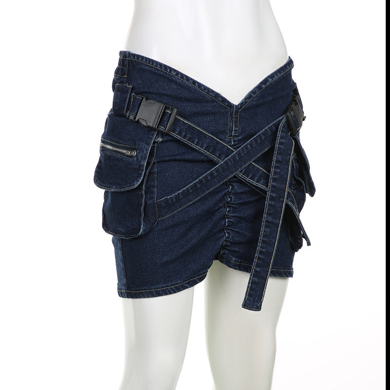 Women Pocket Cross Denim Mini Skirt 8