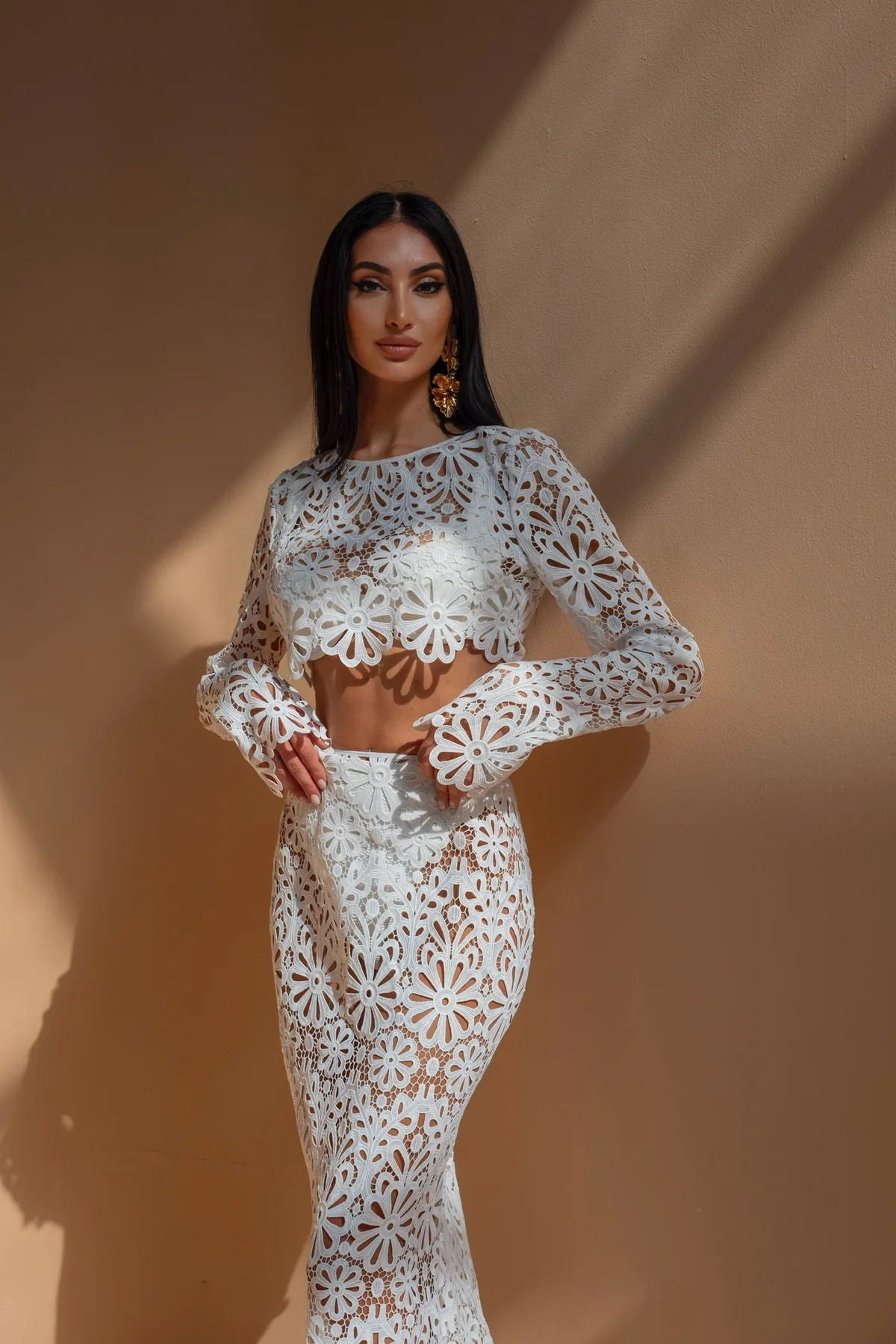 Women Beach Hollow Lace Top Skirt Two-piece Set 7