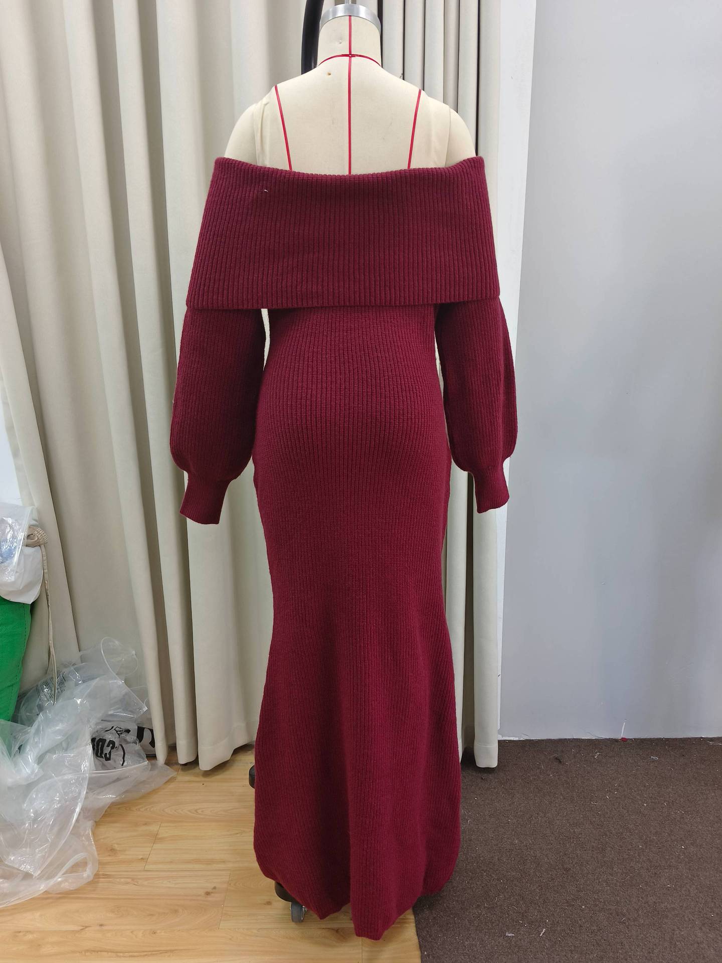 Burgunry Off-Shoulder Slim Long-Sleeved Knitting Long Dress 6