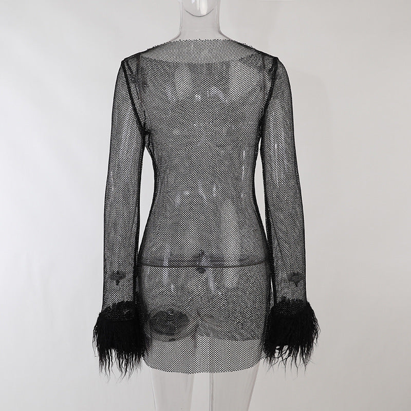 Furry Long Sleeve See-Through Mesh Fashion Trend Sexy Women's Nightclub  Dress 17