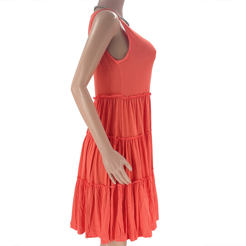 Summer Solid Round Neck Sleeveless Casual Women's Fashion Pleated Casual Dress 23