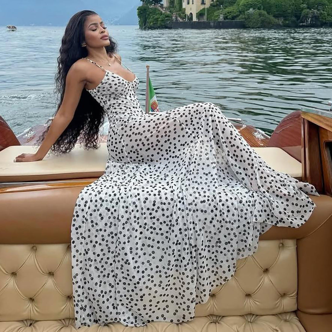 Women's Autumn Trendy Polka Dot Print Sleeveless Strap High-Waisted Dress 4