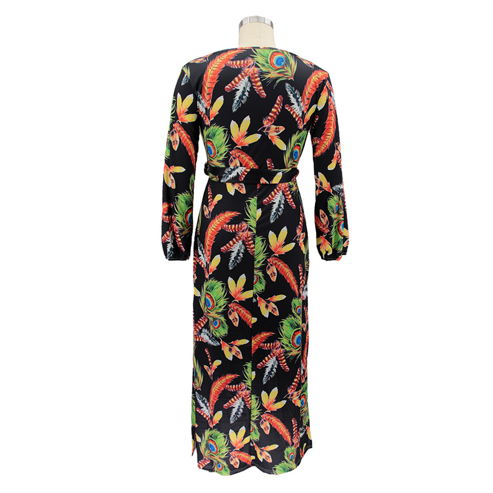 Plus Size Women Feather Print Sexy Slit Dress 17